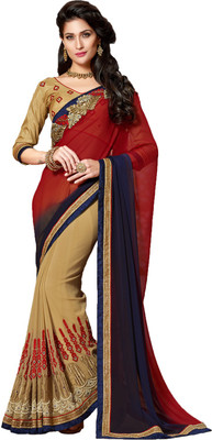

Khushali Self Design, Embroidered, Embellished Fashion Georgette Saree(Beige, Blue, Red)