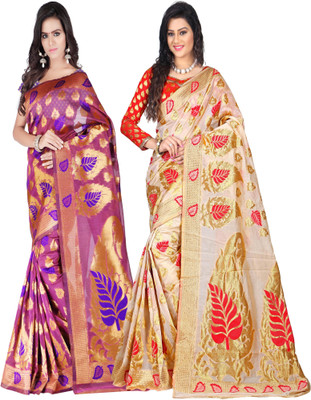 

Weavedeal Embellished Kanjivaram Silk Cotton Blend Saree(Pack of 2, Pink, Beige), Beige;pink