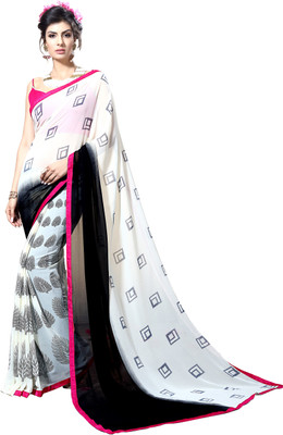 

Khushali Self Design, Printed Fashion Georgette Saree(White, Black), Black;white