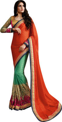 

Brijraj Embroidered Fashion Net, Chiffon, Jacquard Saree(Orange, Light Green), Light green;orange