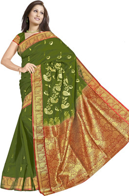 

JagannathSaree Woven Fashion Silk Saree(Green, Red)