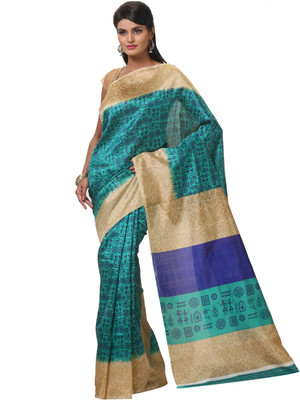 

JTInternational Printed Bhagalpuri Silk Saree(Beige, Green)