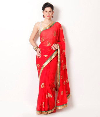 AVR FASHIONS Embroidered Fashion Synthetic Chiffon Saree(Red)