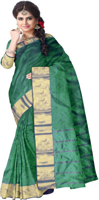 

Javuli Woven Arani Pattu Handloom Silk Cotton Blend Saree(Dark Green, Gold)