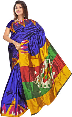 

Roopkala Silks Printed Pochampally Handloom Pure Silk Saree(Blue, Pink)