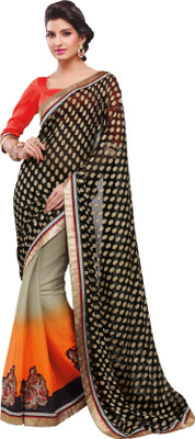 

Ewows Self Design Fashion Chiffon Saree(Orange, Black), Black;orange