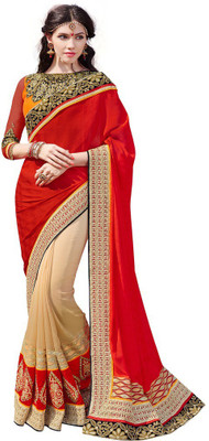 

Desi Butik Embroidered Fashion Jacquard Saree(Red, Beige), Beige;red