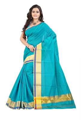 

Mimosa Woven Kanjivaram Handloom Cotton Saree(Light Blue), Ananda