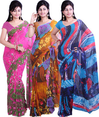 

Ishin Solid Fashion Georgette Saree(Pack of 3, Multicolor)