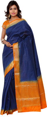 

Saara Self Design Fashion Raw Silk Saree(Blue, Orange), Blue and orange