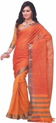 

Ishin Solid, Striped Fashion Cotton Saree(Orange)