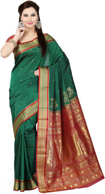 

Ishin Woven Fashion Tussar Silk Saree(Green), Green & red