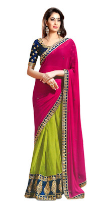 

K.C Embroidered Bollywood Georgette Saree(Green, Pink), Green;rani
