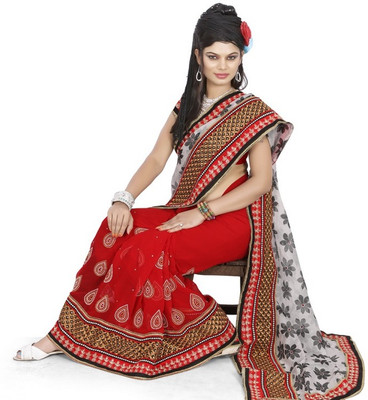 

Rangbarshe Embroidered Fashion Jacquard Saree(White, Red), Red;white