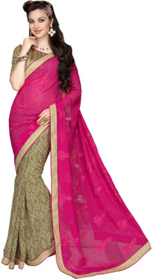 

Khoobee Self Design, Embroidered, Embellished Fashion Chiffon Saree(Pink, Beige), Beige;pink
