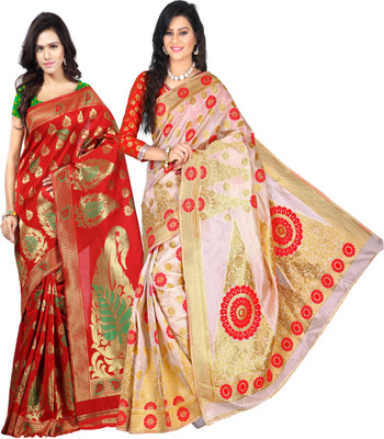 

Weavedeal Embellished Kanjivaram Silk Cotton Blend Saree(Pack of 2, Red, Beige), Beige;red