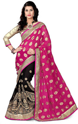 

Khushali Self Design, Embroidered, Embellished Fashion Jacquard, Viscose Saree(Pink, Black, Beige), Beige;black;pink