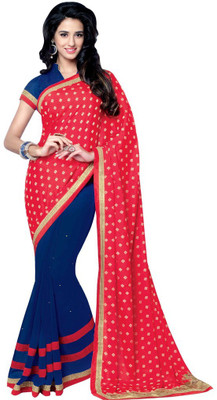 

Desi Butik Embroidered Fashion Georgette Saree(Red, Blue), Red and blue