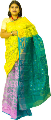 

Runu's Boutique Woven Jamdani Handloom Cotton Saree(Blue, Yellow, Pink), Blue;pink;yellow