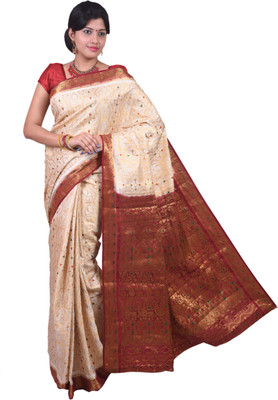 

Mimosa Printed Kanjivaram Handloom Art Silk Saree(Beige), Offwhite-marun border