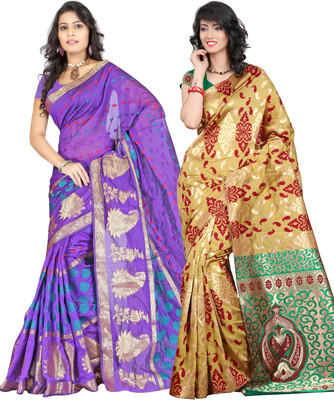 

It's Banii Woven Banarasi Handloom Banarasi Silk Saree(Pack of 2, Purple, Yellow)