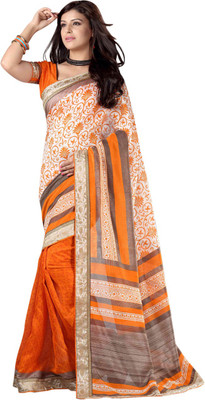 

Saara Printed Fashion Cotton Saree(White, Orange), Orange;white