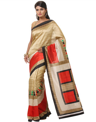 

JTInternational Printed Bhagalpuri Silk Saree(Beige, Orange)