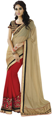 

Desi Butik Embroidered Fashion Lycra Saree(Beige, Red)