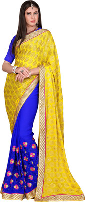 

Khushali Self Design, Embroidered Fashion Chiffon Saree(Yellow, Blue), Blue;yellow