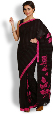 

Kasturi-B Swadeshi Karigari Floral Print Fashion Handloom Pure Silk Saree(Black), Black & magenta