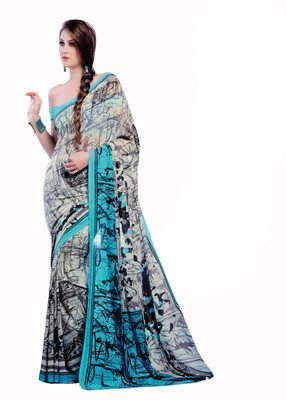 

Khoobee Self Design, Printed Fashion Georgette Saree(Light Blue, Black, Multicolor), Black;light blue;multicolor