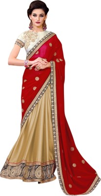 

Brijraj Embroidered Fashion Georgette, Satin Saree(Beige, Red)