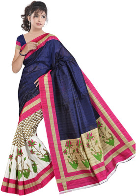 

Manthan Printed Daily Wear Art Silk Saree(Blue, White), Navy blue & cream