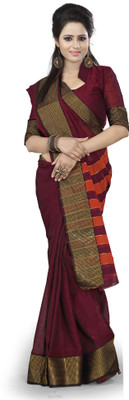 Ishin Solid, Striped Fashion Cotton Saree(Red)