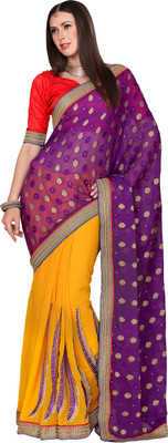 

Khoobee Self Design, Embroidered, Embellished Fashion Chiffon Saree(Purple, Yellow)
