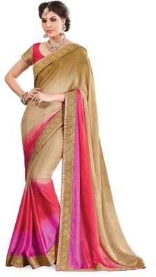 Ashika Printed Fashion Crepe Saree(Beige), Cream;deep pink