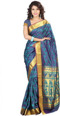 

Saara Self Design Fashion Art Silk Saree(Blue, Gold), Blue and golden