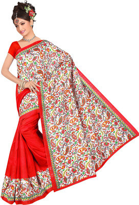 Parisha Printed Daily Wear Art Silk Saree(White, Red)