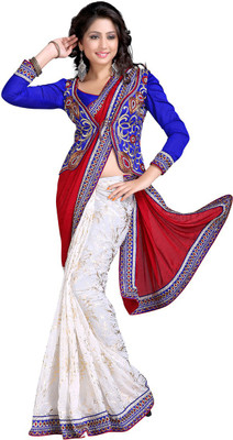 

Jiya Self Design, Embroidered Fashion Jacquard, Silk, Georgette Saree(White, Red), Red;white