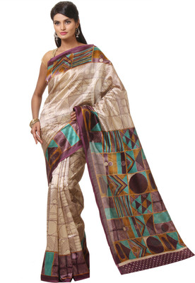 

JTInternational Printed Bhagalpuri Silk Saree(Beige, Purple)
