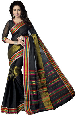 Ishin Woven Fashion Cotton Saree(Black)