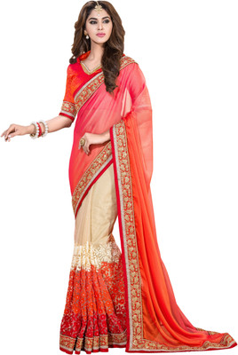 

Khoobee Self Design, Embroidered, Embellished Fashion Net, Chiffon Saree(Pink, Orange, Beige), Beige;orange;pink