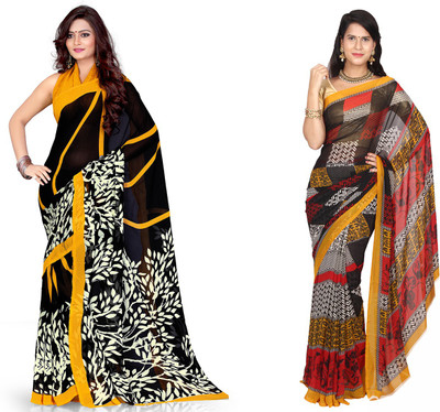 EthnicQueen Floral Print, Geometric Print Fashion Georgette Saree(Pack of 2, Black, Brown)