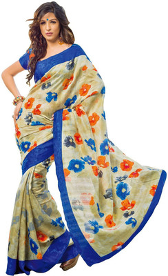 

K D Collection Printed Daily Wear Jute Saree(Blue), Cream silk