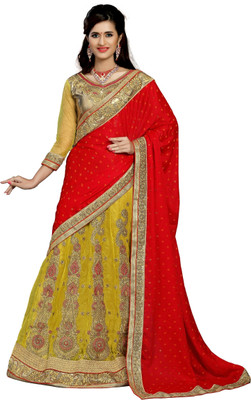 

Jiya Self Design, Embroidered, Embellished Fashion Net Saree(Yellow, Red, Beige), Beige;red;yellow