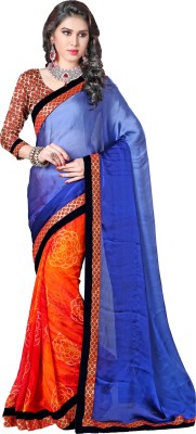 

Khoobee Self Design, Printed Fashion Satin, Chiffon Saree(Blue, Orange