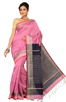 Sangam Kolkata Solid Tant Polycotton Saree(Pink)