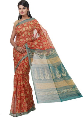 

JTInternational Printed Bhagalpuri Silk Saree(Orange, Green), Green;orange