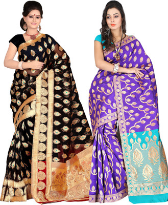 

It's Banii Woven Banarasi Handloom Banarasi Silk Saree(Pack of 2, Black, Purple)