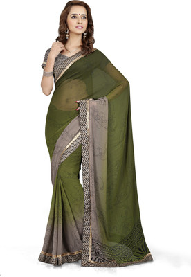 

Khushali Self Design, Printed Fashion Georgette Saree(Green, Grey, Black), Black;green;grey
